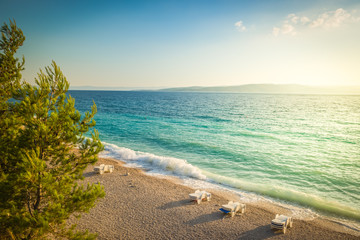 Beach in croatian coast, blue sea. Aerial view