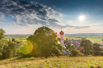 Germany, Bavaria, Allgaeu, Mindelheim, rural scene with church