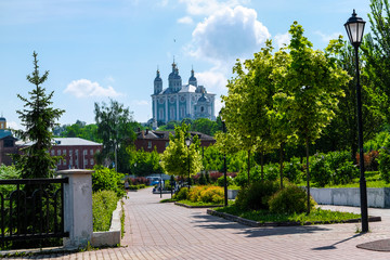 Smolensk, Russia - May, 26, 2019: image of the pavement road leading to the Assumption Cathedral in Smolensk, Russia