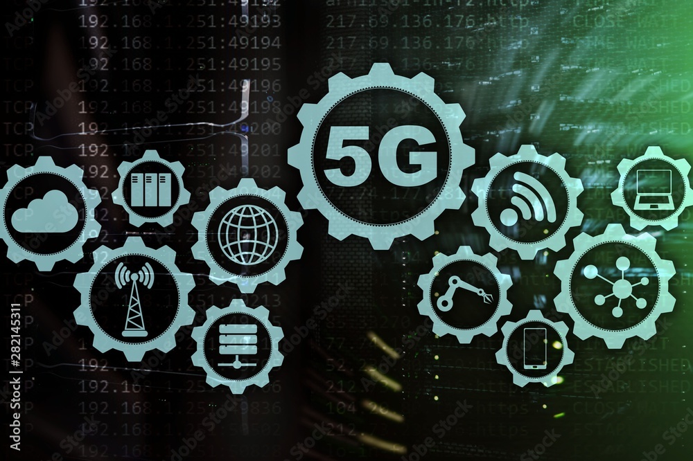 Wall mural 5g network, 5g internet connection concept in digital background. smart communication network concep