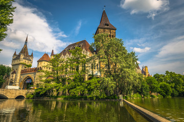 Fototapeta na wymiar Budapest - June 22, 2019: Vajdahunyad castle on the Pest side of Budapest, Hungary