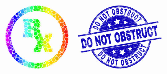 Dotted rainbow gradiented RX receipt symbol mosaic icon and Do Not Obstruct seal stamp. Blue vector round grunge seal with Do Not Obstruct phrase. Vector composition in flat style.