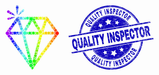 Obraz premium Pixelated rainbow gradiented spark brilliant mosaic pictogram and Quality Inspector watermark. Blue vector rounded grunge seal with Quality Inspector title. Vector collage in flat style.