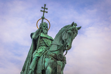 Fototapeta premium Budapest - June 22, 2019: Statue of Stephen I at the Fisherman's Bastion in the Buda side of Budapest, Hungary