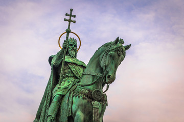 Fototapeta na wymiar Budapest - June 22, 2019: Statue of Stephen I at the Fisherman's Bastion in the Buda side of Budapest, Hungary
