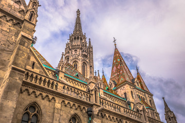 Budapest - June 21, 2019: Matthias church in the Fisherman's Bastion on the Buda side of Budapest, Hungary