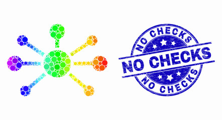 Dot rainbow gradiented node links mosaic icon and No Checks seal. Blue vector rounded textured seal with No Checks caption. Vector composition in flat style.