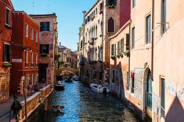 Venice, Italy - July, 07, 2019: cityscape with the image of channel in Venice, Italy