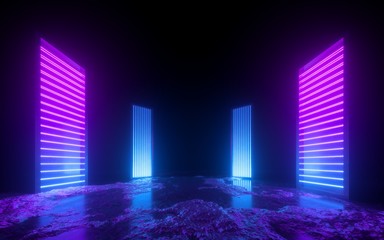 3d render, pink blue neon abstract background, glowing vertical panels in ultraviolet light, futuristic power generating technology, terrain