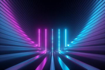 3d render, ultraviolet neon abstract background with glowing vertical lines, ultraviolet light, laser show performance stage, stairs with reflections