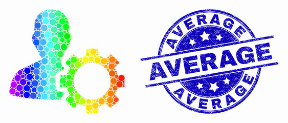 Dot rainbow gradiented user options gear mosaic pictogram and Average seal. Blue vector round textured seal stamp with Average text. Vector collage in flat style.