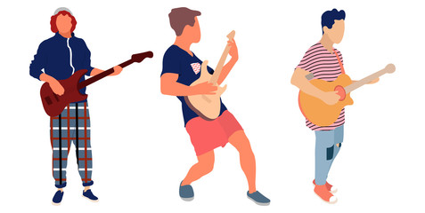 Young group of men playing guitar. Isolated flat illustration - Vector
