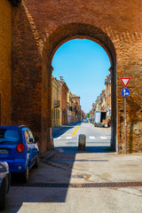 Ferrara, Italy - July, 11, 2019: cars on a parking in a center of Ferrara, Italy