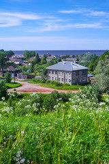 Fototapeta na wymiar Belozersk, Russia - June, 9, 2019: landscape with the image of old russian north town Belozersk