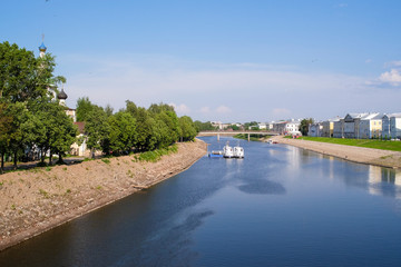 Fototapeta premium Vologda, Russia - June, 8, 2018: Embankment of river Vologda in Vologda city on the north of Russia