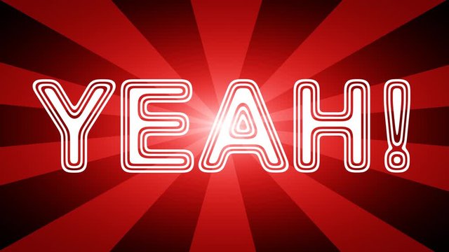Yeah! icon in red abstract background with rays. Looping footage with Prores 4444 and 4K resolution.