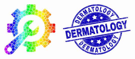 Dot spectral service tools mosaic icon and Dermatology stamp. Blue vector rounded scratched seal stamp with Dermatology phrase. Vector composition in flat style.