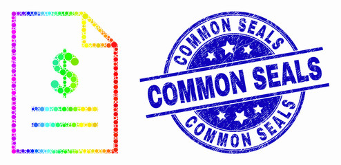 Dotted rainbow gradiented price list page mosaic pictogram and Common Seals seal. Blue vector round grunge seal with Common Seals title. Vector collage in flat style.