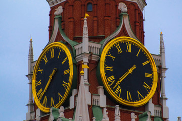 Chiming clocks on a Spasskaya tower in Moscow Kremlin, Russia
