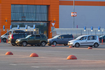 Pushkino, Russia - June, 8, 2019: parking at the shopping center in Pushkino, Russia