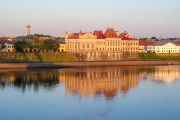 Rybinsk, Russia - June, 10, 2019: landscape with the image of Volga embankment in Rybinsk, Russia at sunrise