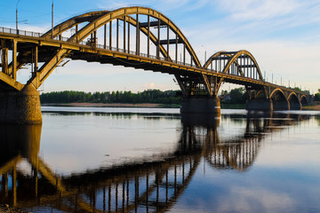 Bridge over Volga in Rybinsk, Russia at sunrise