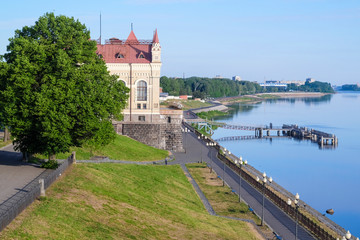 Rybinsk, Russia - June, 10, 2019: landscape with the image of Volga embankment in Rybinsk, Russia at sunrise