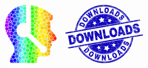 Dotted spectrum operator head mosaic icon and Downloads seal stamp. Blue vector rounded textured seal stamp with Downloads text. Vector collage in flat style.