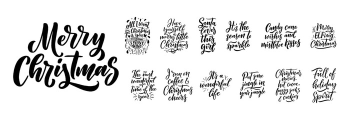 Christmas quotes. Winter xmas slogans. Hand drawn Calligraphic lettering. Inspirational text for invitation design. Vector