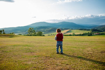 Fototapeta na wymiar toddler boy stay on a meadow in a Mountains