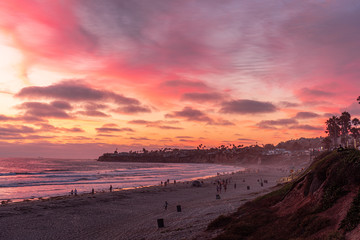 Peopeo doing activities during sunset at the Pacific Beach, San Diego, California