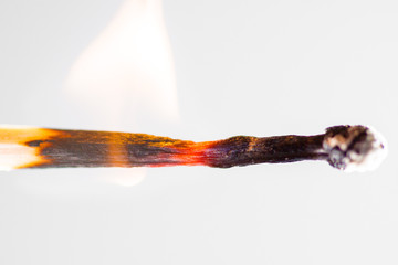 Match lit on a white background, bright fire on the matchstick. Fire in flames