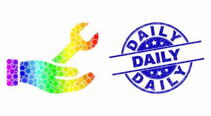 Naklejka premium Pixelated spectral repair hand mosaic icon and Daily seal stamp. Blue vector rounded scratched seal with Daily message. Vector combination in flat style.