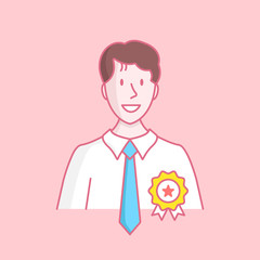 Man with award. Happy person with medal. Adult man wearing shirt and tie. Prize, reward, 1st place, achievement concepts. Hand drawn style, line design. Vector illustration