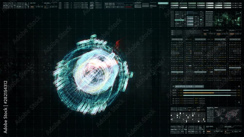 Fototapete Advance motion graphic futuristic user interface head up display screen with Holographic electromagnetic engine with gravitational fields energy particles wave and digital data telemetry information