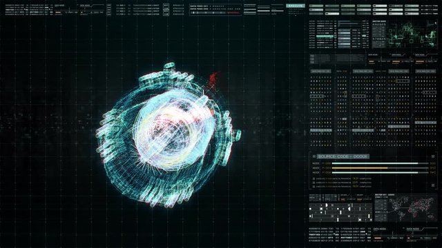 Advance motion graphic futuristic user interface head up display screen with Holographic electromagnetic engine with gravitational fields energy particles wave and digital data telemetry information