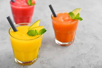 Fresh strawberry, mango and papaya smoothies