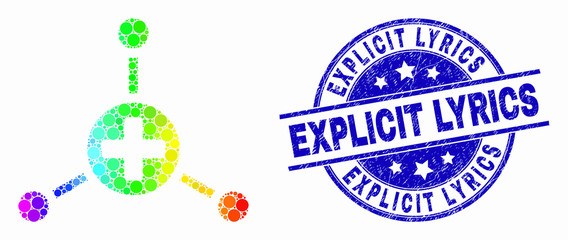 Pixelated rainbow gradiented medical center links mosaic pictogram and Explicit Lyrics watermark. Blue vector rounded textured seal stamp with Explicit Lyrics phrase. Vector composition in flat style.