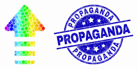 Pixelated rainbow gradiented update arrow mosaic pictogram and Propaganda stamp. Blue vector round textured seal with Propaganda title. Vector composition in flat style.