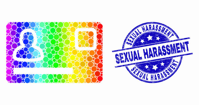 Dot rainbow gradiented personal credit card mosaic icon and Sexual Harassment seal stamp. Blue vector rounded scratched stamp with Sexual Harassment title. Vector collage in flat style.