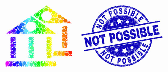 Obraz premium Dot spectral museum buildings mosaic pictogram and Not Possible seal stamp. Blue vector round textured stamp with Not Possible phrase. Vector combination in flat style.