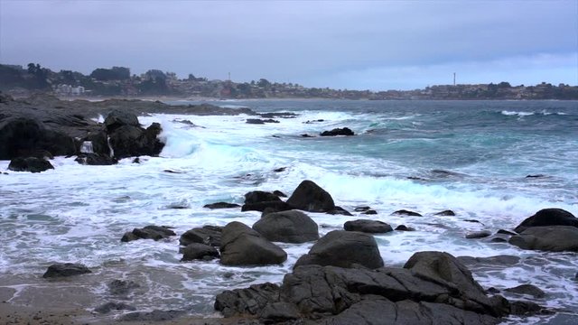Quintay, Chile Rocky Coast Battered By Waves - Slow Motion.