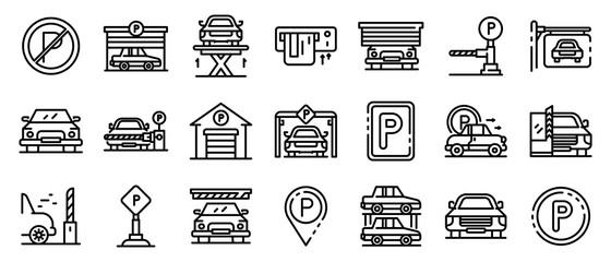 Underground parking icons set. Outline set of underground parking vector icons for web design isolated on white background