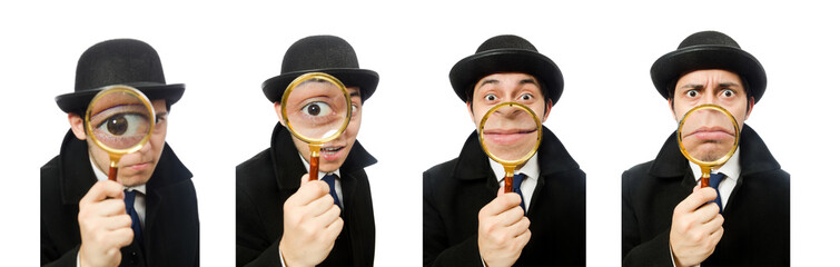 Sherlock Holmes with magnifying glass isolated on white