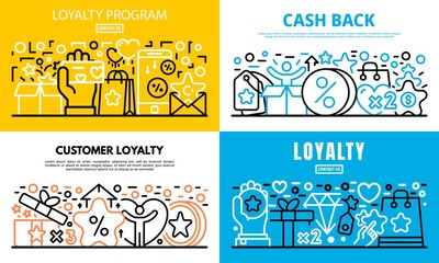 Loyalty program reward banner set. Outline set of loyalty program reward vector banner for web design
