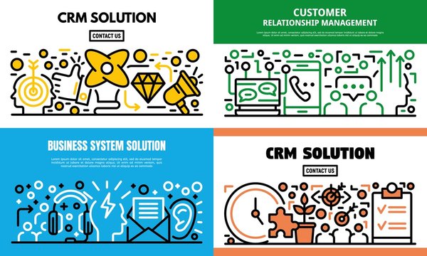 Customer relationship management banner set. Outline set of customer relationship management vector banner for web design