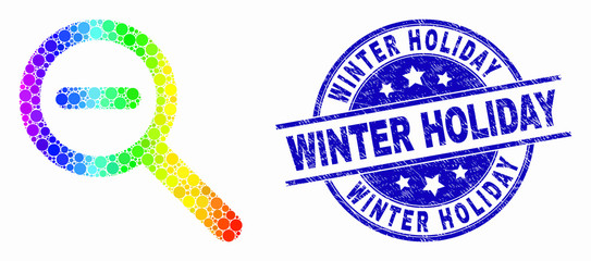 Obraz premium Dot spectrum reduce scale mosaic icon and Winter Holiday watermark. Blue vector round scratched seal stamp with Winter Holiday phrase. Vector composition in flat style.
