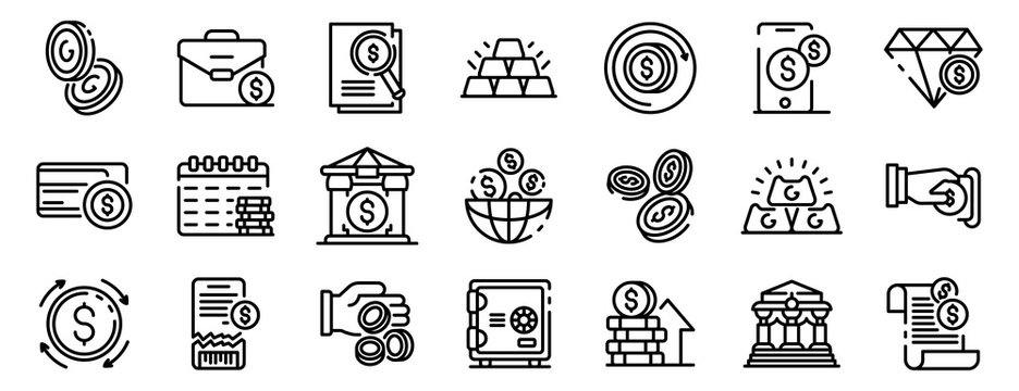 Bank Metals Icons Set. Outline Set Of Bank Metals Vector Icons For Web Design Isolated On White Background