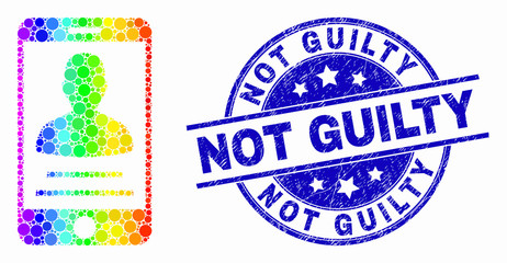 Obraz premium Dot rainbow gradiented mobile person contact mosaic icon and Not Guilty seal stamp. Blue vector round textured seal stamp with Not Guilty text. Vector combination in flat style.