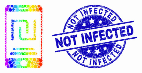 Dot rainbow gradiented mobile shekel account mosaic pictogram and Not Infected seal stamp. Blue vector round textured seal with Not Infected phrase. Vector combination in flat style.
